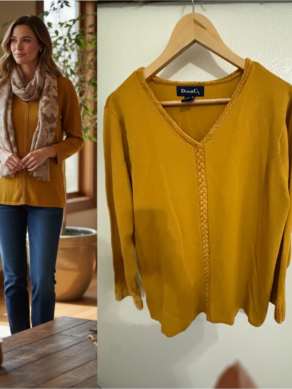 Denim & Co 1X Mustard Yellow V-Neck Knit Sweater Braided Trim Long Sleeve